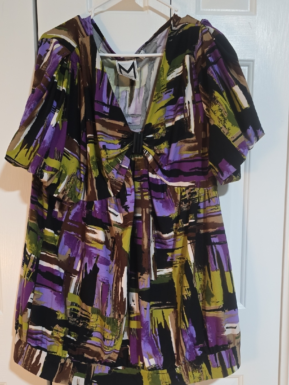 Marc Bouwer Abstract Brushstroke Blouse in Purple, Olive, Brown, Black